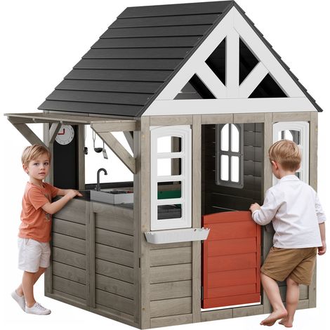 Maisonnette Enfants Extérieur en Bois, Cabine de Jardin pour Enfants, Maison de Jeux avec Porte, Fenêtre, Support de Pot de Fleurs, Gril, Cuisinière et Évier Fonctionnelle, pour Arrière-cour (1/5)