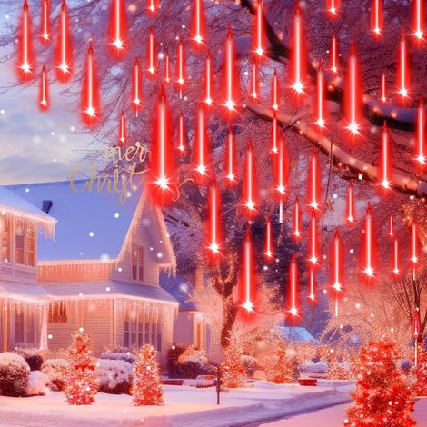 Météores Pluie Lumières 30cm 10 Tube 240 LED Guirlandes Lumineuse Extérieure Étanche IP65 Douche Pluie Feux Lumières de Noël  pour Décoration de Fête Jardin Fenêtre Balcon,Rouge [Classe énergétique G] (1/5)