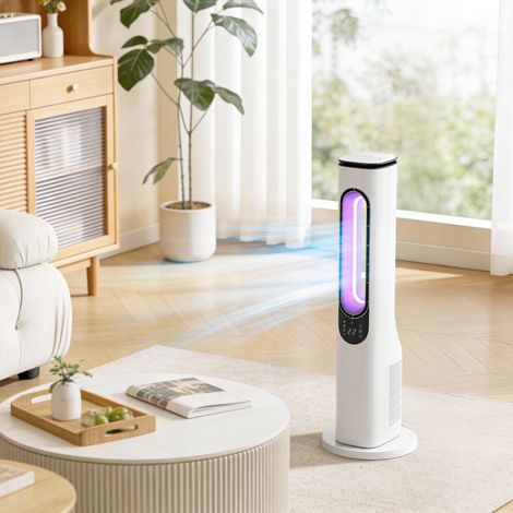 Ventilateur colonne sans rotor pour chambres, silencieux (35 dB), oscillation à 50°, éclairage LED, 3 vitesses, minuterie 15 heures, blanc