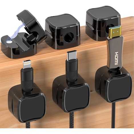 Set di 6 clip magnetiche per cavi, organizer autoadesivi per cavi, gestione dei fili (nero) - AquaForge (1/5)