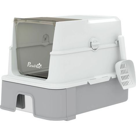 Bac à Litière pour Chat, Design Enclos, Système de Nettoyage Facile, GRIS (1/2)