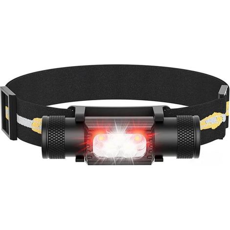 Phare rouge brillant rechargeable, H05B 1200 Lumens lampe de poche légère avec lumière rouge, bandeau réglable, inclinaison mobile à 180 degrés, lampe de tête pour adultes Camping randonnée pêche