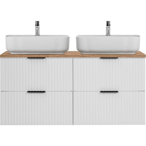 Waschtisch 120cm mit 2 Aufsatzbecken, weiß mit Eiche Nb., Front gerillt, ADELAIDE-56-WHITE (1/5)