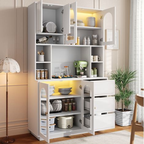 Buffet de cuisine 175 cm meuble haut de rangement avec LED contrôlée par application, rangements, portes acryliques, MDF blanc (1/5)