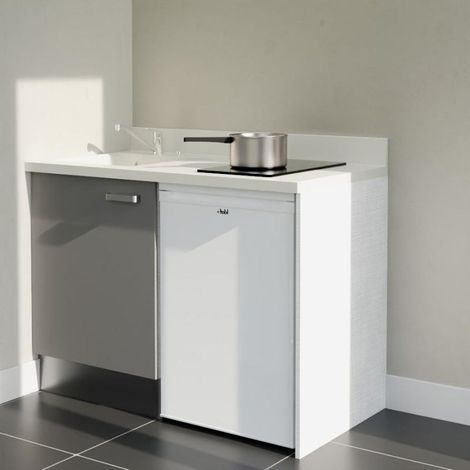 Kitchenette K08L - 120 cm - plan monobloc évier intégré Snova- évier à gauche - Façades Gris + Electroménager inclus coloris Blanc
