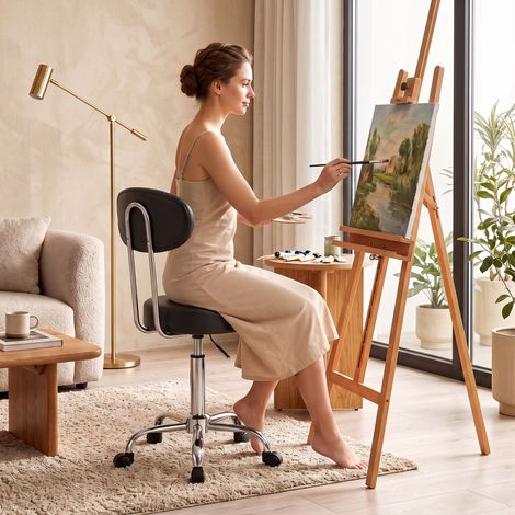 Tabouret pivotant à roulettes, hauteur réglable, en cuir synthétique, avec dossier, pour spa, bureau ou salon de tatouage, noir (1/5)