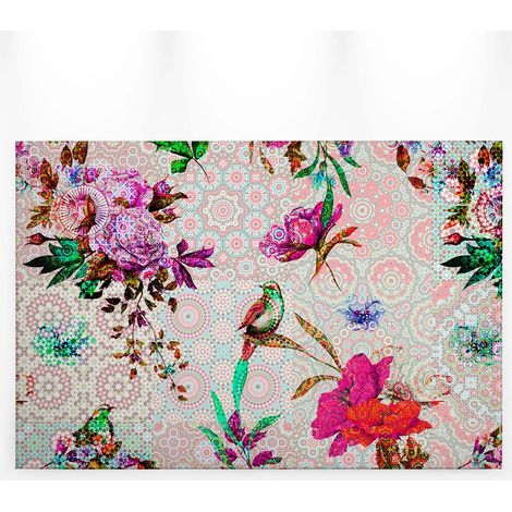 Tableau fleuri avec oiseau et fond mandala | Tableau sur toile été parfait pour entrée | Tableau style romantique rose, vert et violet - 0,9 x 0,6 m (1/5)
