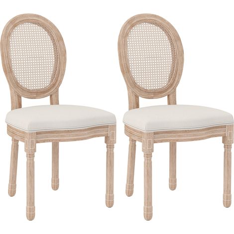 Chaises de salle à manger, lot de 2, chaises de cuisine avec dossier, aspect lin et rotin, pieds en bois, blanc crème (1/5)