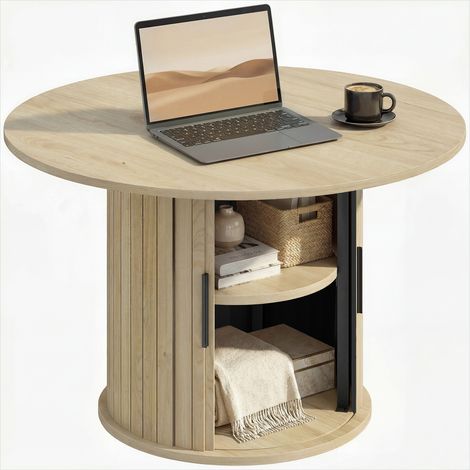 Table basse ronde en MDF effet bois naturel avec rangement coulissant, 2 étagères, salon contemporain (1/5)
