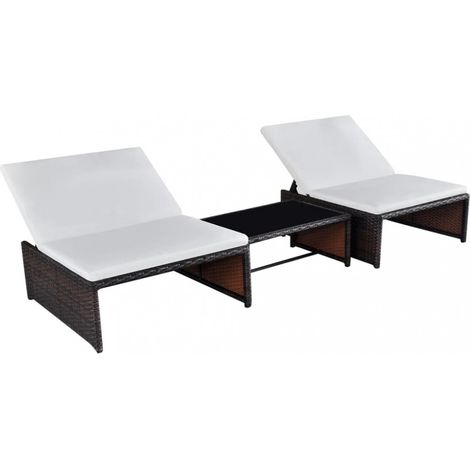 vidaXL Reclining Garden Chairs 2 pcs with Table Brown Poly Rattan