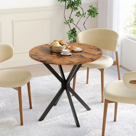 Table à manger ronde Ø80 cm style industriel, plateau effet bois vintage, pieds en X noirs, pour cuisine ou bureau (1/5)