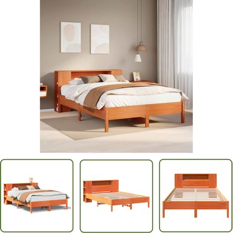 vidaXL Massivholzbett mit Regal ohne Matratze Wachsbraun 135x190 cm (1/5)