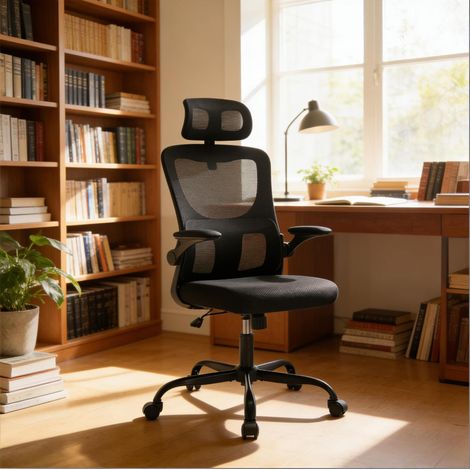 Sedia ufficio ergonomica con ruote e rete nera OKMYHOME (1/5)