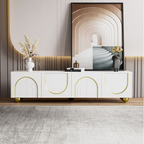 Mueble para TV de tablero de partículas blanco y dorado, 170 x 38 x 44 cm, 4 puertas con almacenamiento (1/5)