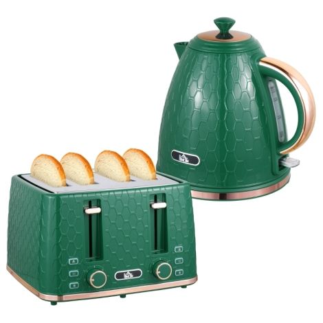Fast Boil Kettle and Toaster Set,1.7L,3000W,Auto Shut Off,4 Slice Toaster with 7 Browning Levels,Green Design.