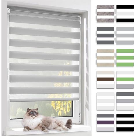 Store Enrouleur Jour Nuit,Tissu Double,Rideau sans Perçage,Translucide Occultant Protection Vie privée,pour Fenêtre et Porte,(Largeur du Tissu 40 cm),Gris,40l x 150L cm (1/4)