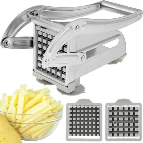 Cortador de papas fritas manual, cortador profesional con 2 cuchillas de repuesto de acero inoxidable y base de succión segura para papas, zanahorias, pepinos y piñas (plata A) (1/4)
