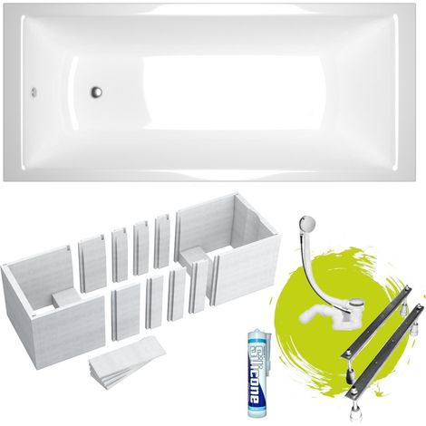 ECOLAM Badewanne Tami 160 x 70 cm + Wannenträger zum Befliesen Rechteck Acrylwanne weiß glänzend Ablaufgarnitur Ab- und Überlauf Füße Silikon