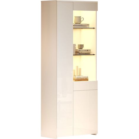 Vitrine haute blanche 70 x 35 x 180 cm avec tiroir, portes à rappel, étagères en verre trempé et LED pilotée par appli, meuble de salon compact 45 kg – CHICFURN (1/5)
