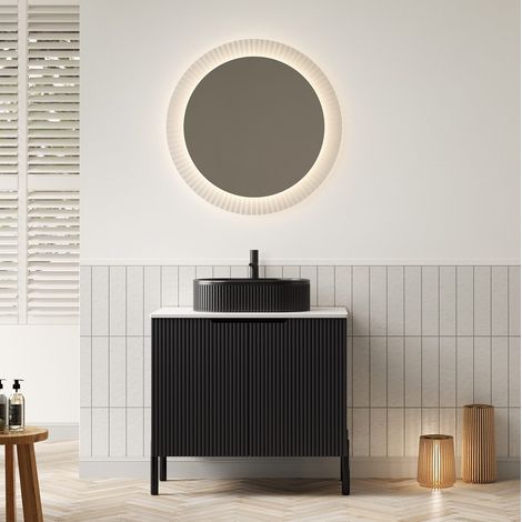 Freistehender Badschrank 76 cm Schwarz mit ovalem Keramikwaschbecken und Sintersteinplatte (1/5)