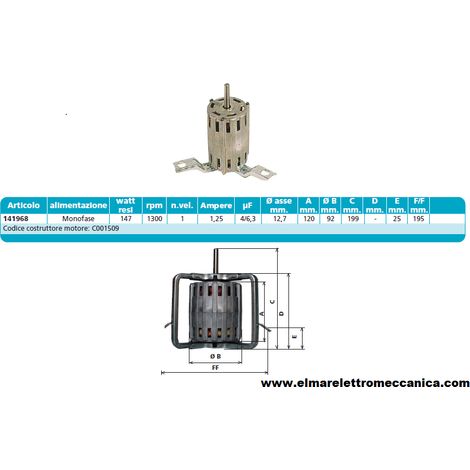 141968 147 W 1300 Giri Motore Elettrico Monofase Ventilatore Centrifugo Assiale