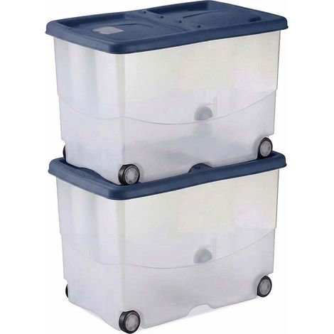 Box Organizer casa con Tasca Antitarme Set 2 Contenitore Multiuso 57 Litri con 4 Ruote Coperchio blu Doppia Apertura H36 x L56 x P38 cm in Plastica BPA Free porta oggetti salvaspazio Made in Italy