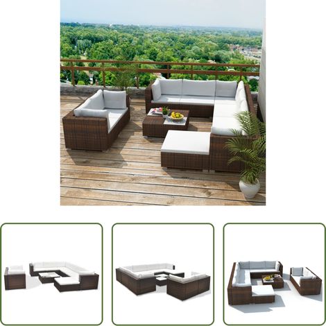Canapé en résine tressée - Salon de jardin 10 pcs avec coussins Résine tressée Marron (1/5)