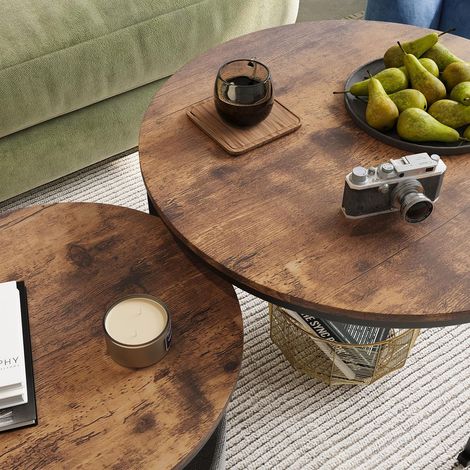 Table basse style industriel table de salon lot de 2 pièces forme ronde cadre métal plateau bois poche de rangement gain de place (1/4)
