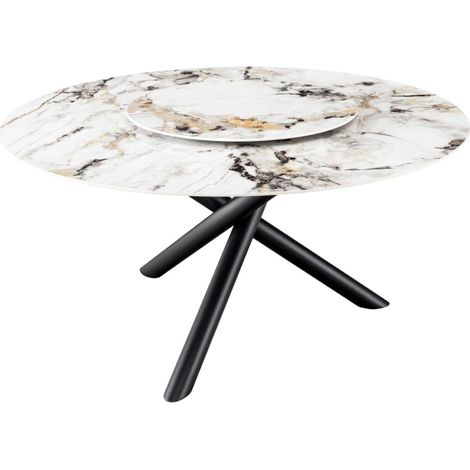 Mesa AXYA – Redonda 150 cm – Tablero de cerámica y vidrio templado efecto mármol blanco con tablero superior giratorio (1/5)