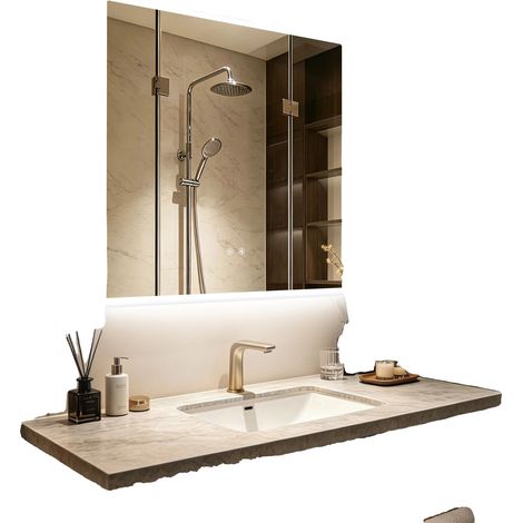 Miroir de Salle de Bain, Éclairé, Anti-Buée, 80x80cm (1/2)
