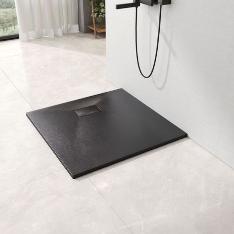 EMKE SMC Duschwanne 90x90 cm Schwarz Ultra-flache Duschtasse, Schieferoptik, Anti-Rutsch & Zuschneidbar