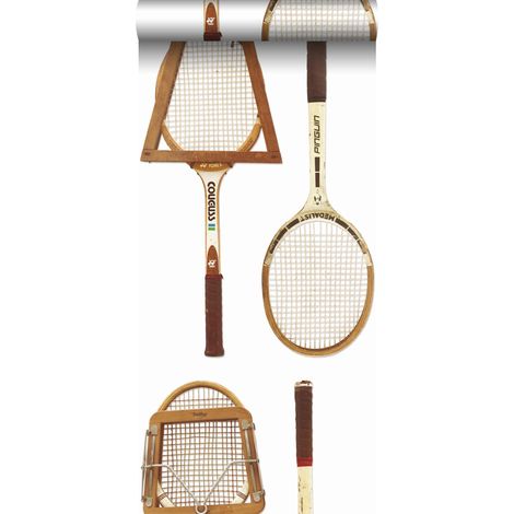 papier peint intissé XXL raquettes de tennis vintage blanc, marron et beige - ESTAhome (1/5)