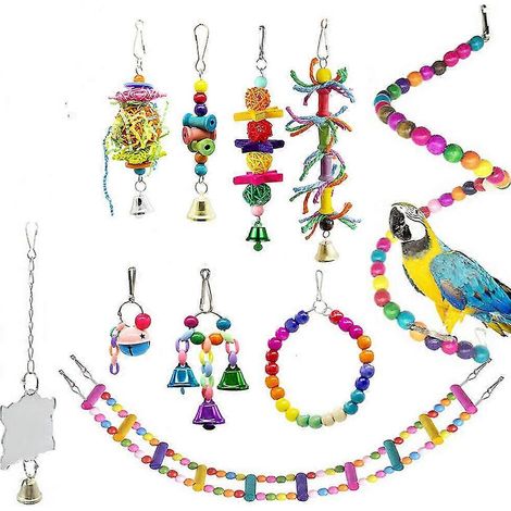 Grande balançoire pour oiseaux, jouets à mâcher pour grands perroquets en bois naturel avec clochettes (1/4)