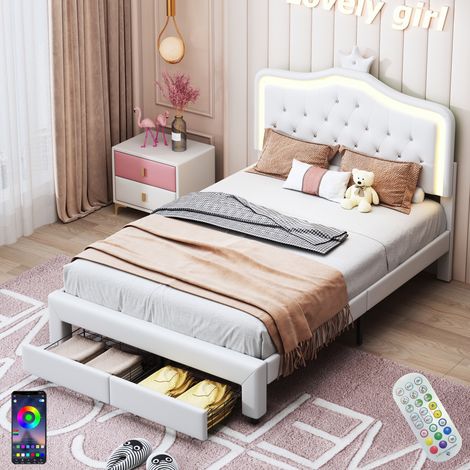 Letto matrimoniale 140x200 cm, con cassetti, illuminazione LED, testata regolabile in altezza, rete a doghe, telaio in metallo, letto trapuntato in similpelle - Bianco