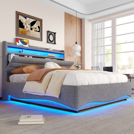 Bett 140x200 cm grau aus Leinen mit Stauraum, LED und USB-/Typ-C-Anschlüssen (1/5)