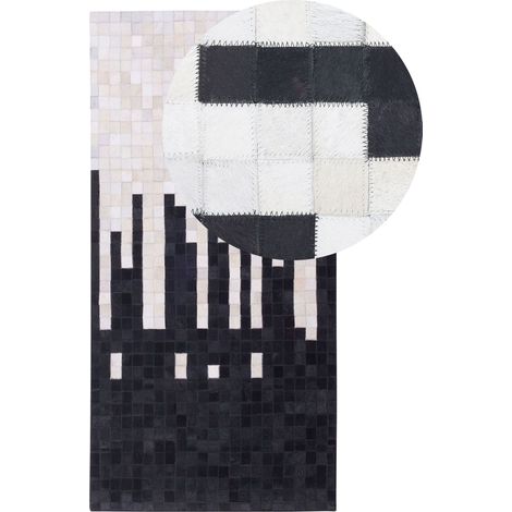 Tapis Rectangulaire 80 x 150 cm en Peau de Vache Noir et Crème Moderne Pixel Bolu (1/5)