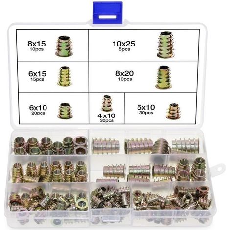 Lot de 120 écrous hexagonaux en alliage de zinc M4 M5 M6 M8 M10 avec inserts filetés pour meubles en bois avec boîte en plastique (1/3)