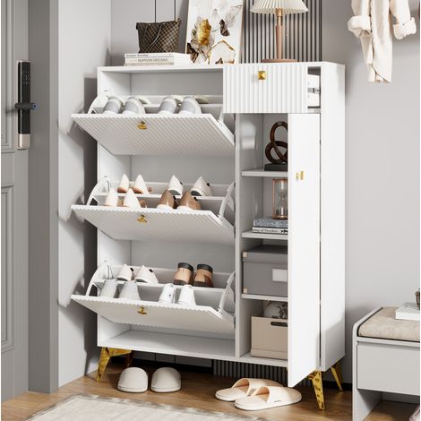 Meuble à chaussures en panneaux de particules blanc 90 x 25 x 121 cm, 3 abattants, 1 tiroir, 1 porte, tablettes réglables (1/5)
