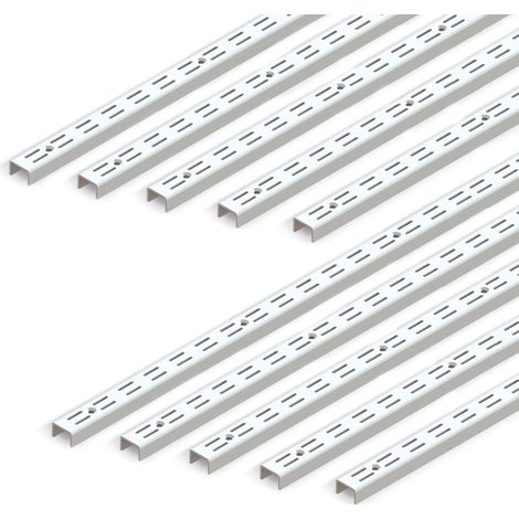 Emuca – Lot de 10 profilés de montage mural Jagmet – Double rainure pas de 32mm – Longueur 951mm – Acier peint blanc pour étagères en bois