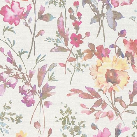 Carta da parati floreale Profhome 790611 Carta da parati TNT goffrata a caldo leggermente strutturata con ornamenti floreali ed accenti metallici bianco rosa verde turchese-pastello 5,33 m2
