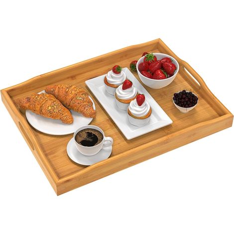 Plateau De Service En Bambou - Rectangulaire 40,5 X 30,5 X 3,3 Cm - Poignées Intégrées Et Rebords Latéraux - Pour Petit-Déjeuner Bureau Cuisine Salon Extérieur - 1 Pièce (1/5)