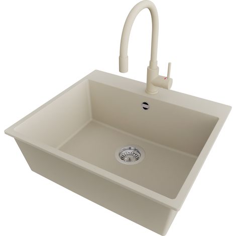 PRIMAGRAN Evier Cuisine en Granit 58x50cm,Lavabo 1 bac + Robinet 38x14cm + Kit de Vidage, Évier à Encastrer au meuble 60cm - Riga, Beige (1/5)