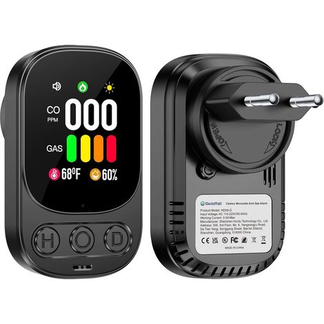 Gas- und Kohlenmonoxid-Detektor mit Stecker für Zuhause, CO-Alarm, Alarm für brennbare Gase für Erdgas, LPG, Methan, Propan, Butan, Schwarz, HD08-G