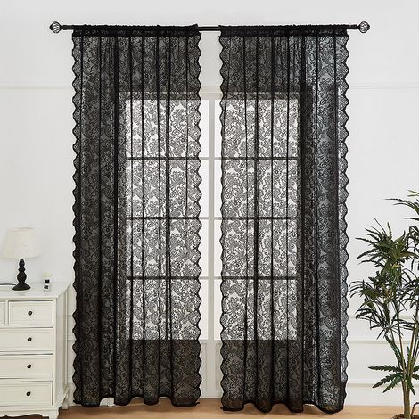 Rideaux en dentelle vintage deux pièces, rideaux pour baie vitrée de chambre, montés sur tringle, noirs, 140 cm x 260 cm (1/4)