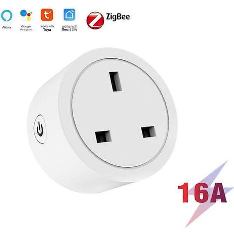 Prise connectée Tuya ZigBee 16A, compatible avec les enceintes Alexa, conforme à la norme britannique S-standard et aux normes de mesure.