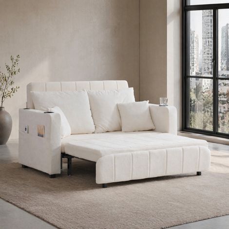 Beiges Schlafsofa aus Chenille mit USB-Anschluss, Becherhaltern und Aufbewahrungstaschen HAVRYA (1/5)