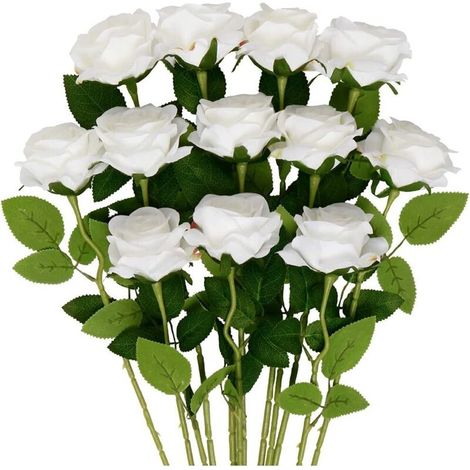 12 pièces Fleurs de Roses artificielles, Roses en Soie Tige Unique réaliste Faux Bouquet de Rose pour Mariage Douche Nuptiale décorations de Jardin à la Maison (Blanc) (1/5)