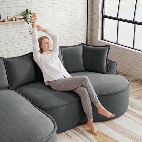 Canapé modulable - SOGEU - Méridienne gauche - Revêtement chenille gris - Mousse 32D - Chaiselongue 122 cm (1/3)
