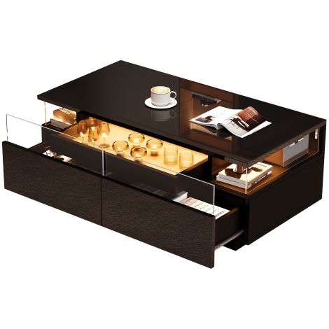 Table basse LED 90x45x35,5 cm, noire brillante, 2 tiroirs, verre