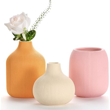 Set of 3 Modern Colorful Ceramic Ribbed Texture Vases, Minimalist Home Decor, Small Decorative Vase for Centerpiece, Shelf, Tabletop - Aesthetic Touch (1/5)